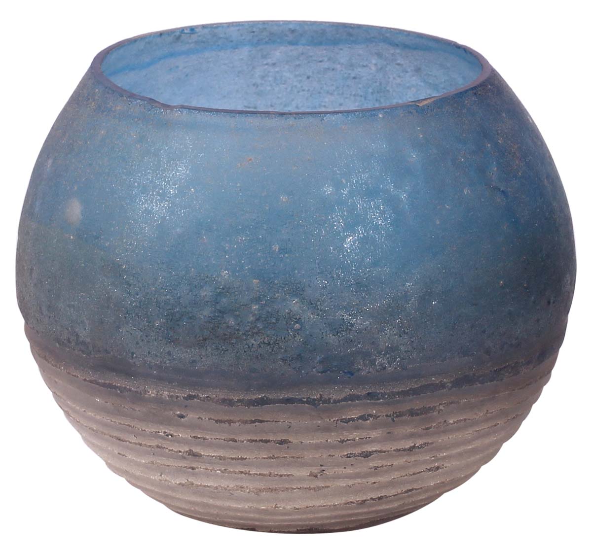 4” Decorative Round Tea-Light Holder in Glass - Blue with Silver Tone Ridges - Distressed Home Decor / Gifts - Buy in Bulk Wholesale
