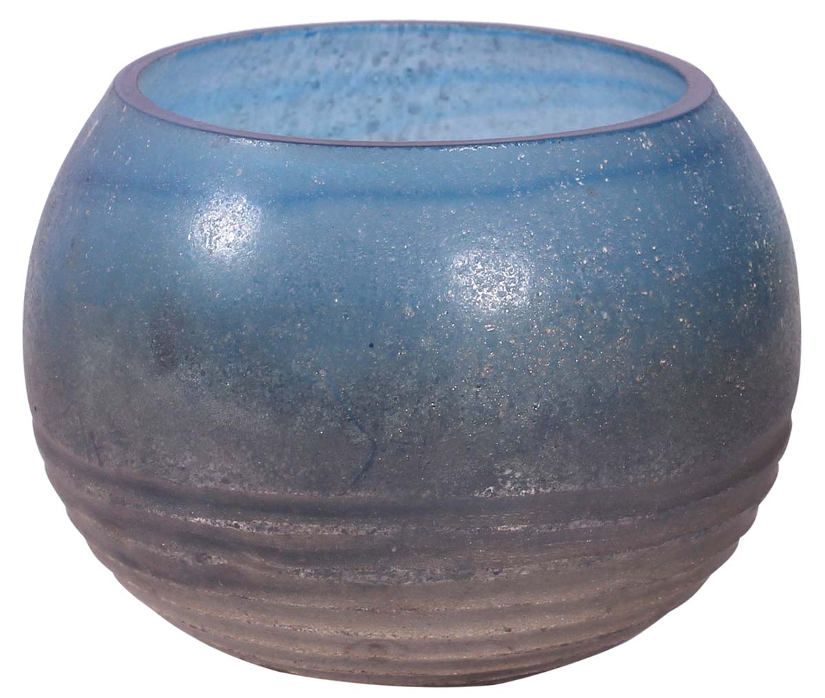 3” Decorative Round Tea-Light Holder in Glass - Blue with Silver Tone Ridges - Distressed Home Decor / Gifts - Buy in Bulk Wholesale