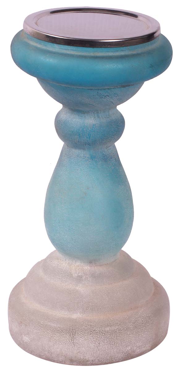 9” Decorative Pillar Candle-Stand in Glass with Iron Stand - Sky-Blue & Silver Tone - Rustic-Look Home Decor - Buy in Bulk Wholesale