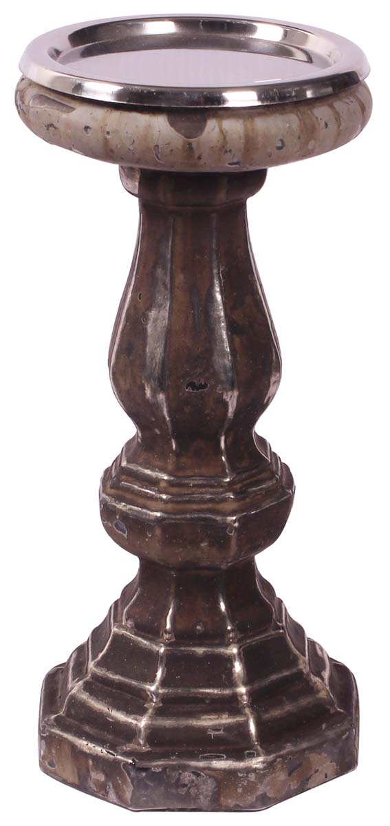 9” Decorative Pillar Candle-Stand in Glass with Antique-Finish - Dark-Gray with Silver Tone - Rustic-Look Home Decor - Buy in Bulk Wholesale