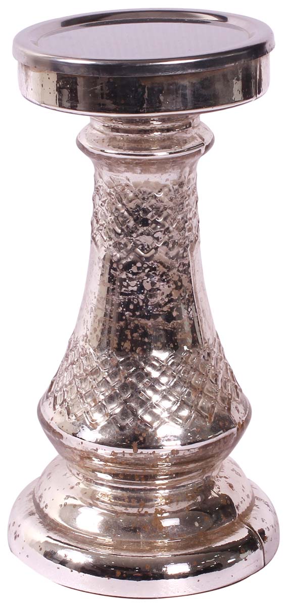 8” Decorative Pillar Candle-Stand in Glass with Pattern - Silver Color - Rich-Look Home Decor - Buy in Bulk Wholesale