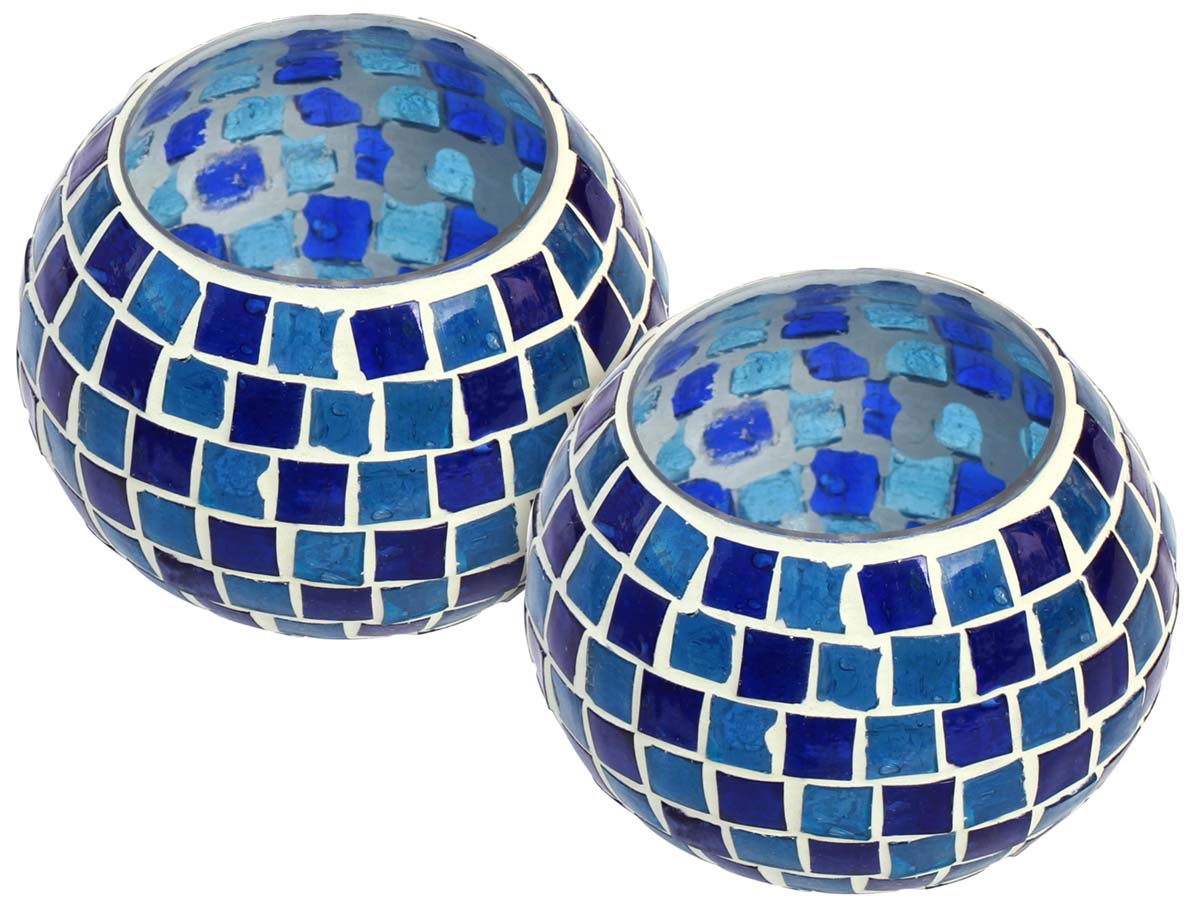 Azure Joy - 3.7" Mosaic Glass Tea light Candle Holder - Handmade Votive Candle Holders - Colorful Centerpiece - Table Top Essentials / Home Decor & Housewarming Gifts  - Buy in Bulk Wholesale