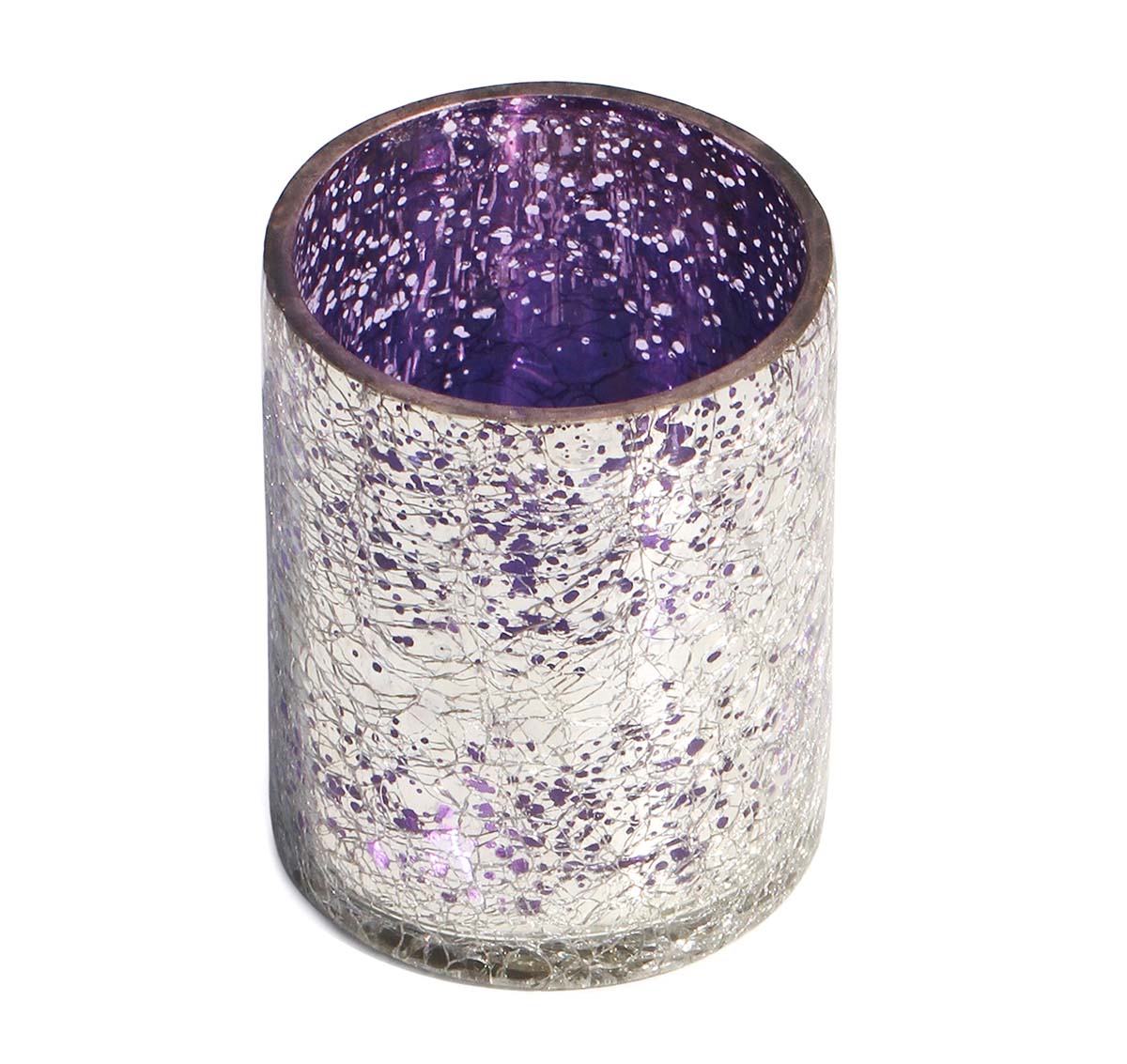 Buy in Bulk Wholesale Tealight Candle Holder Handmade 3.6" - Crackled Glass Effect With Silver & Purple Coloring
