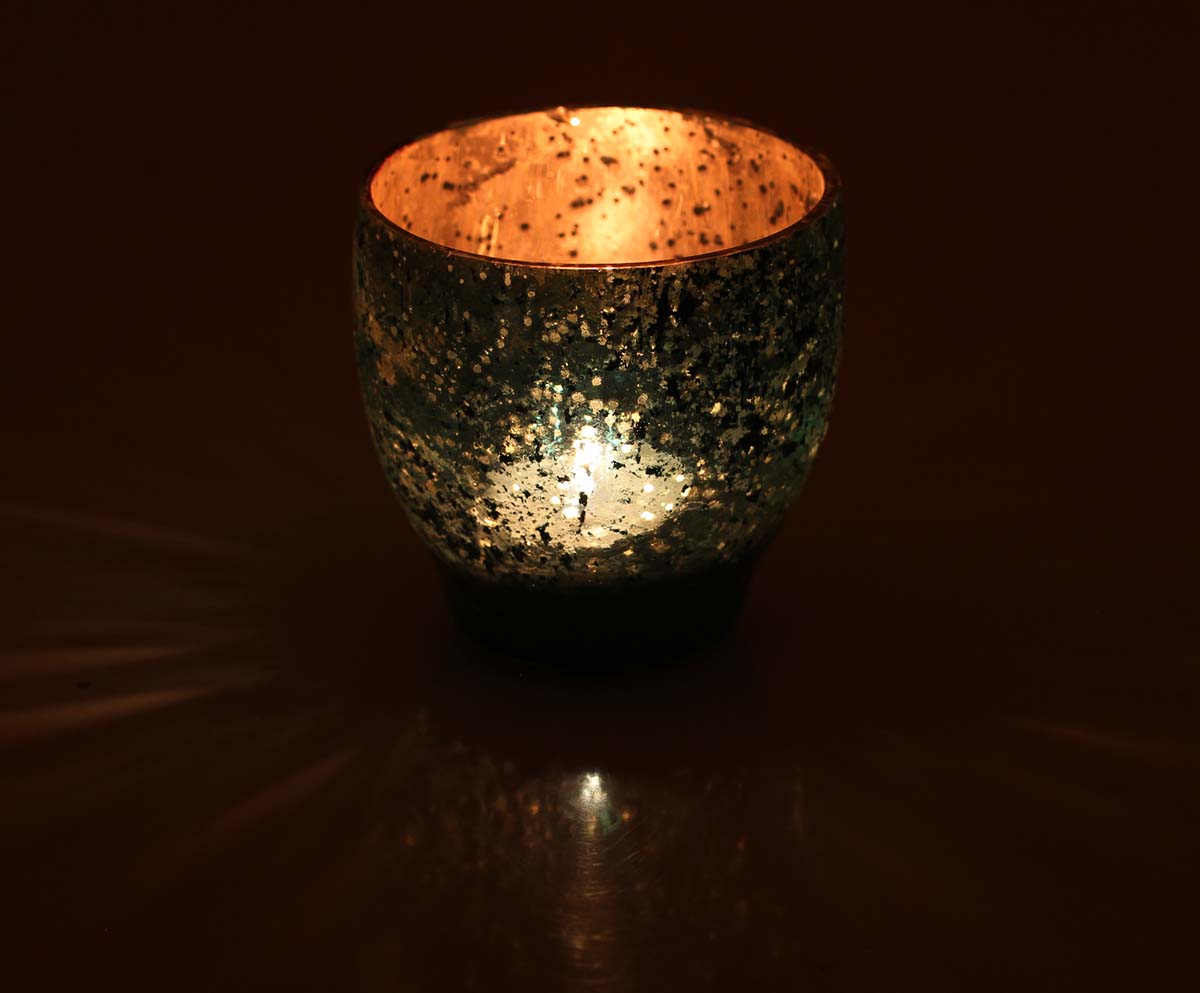 Buy Bulk Wholesale Tea-Light Candle Holder - Handmade 3.3" Dotted/Mottled Glass In Turquoise & Silver Color - Aquamarine Reflections - Home Table Decorations