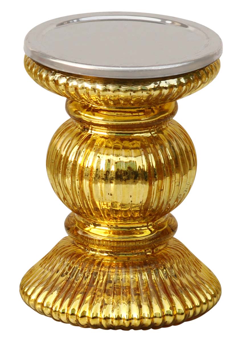 Buy in Bulk Wholesale Golden Pillar Candle Stand In Ribbed Glass Handmade 4 Inches