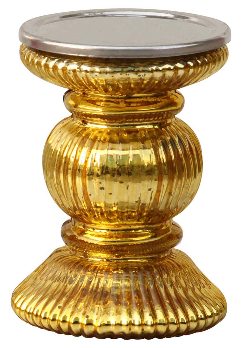 Buy in Bulk Wholesale Golden Pillar Candle Stand In Ribbed Glass Handmade 4 Inches