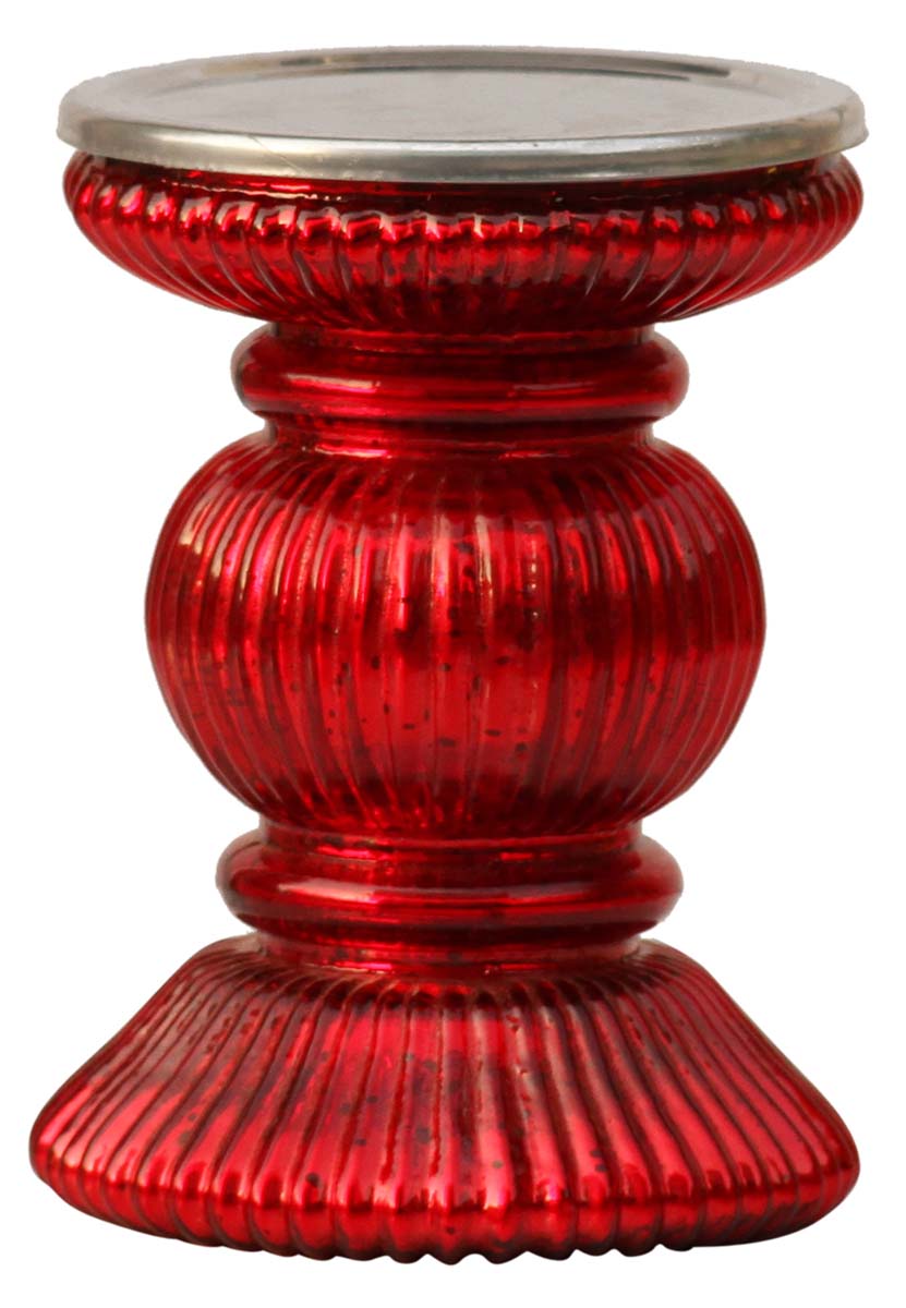  Urban Red – 4” Pillar Candle Holder - Handmade Ribbed Glass Red Candle Stand - Home / Party Decorations  - Buy in Bulk Wholesale