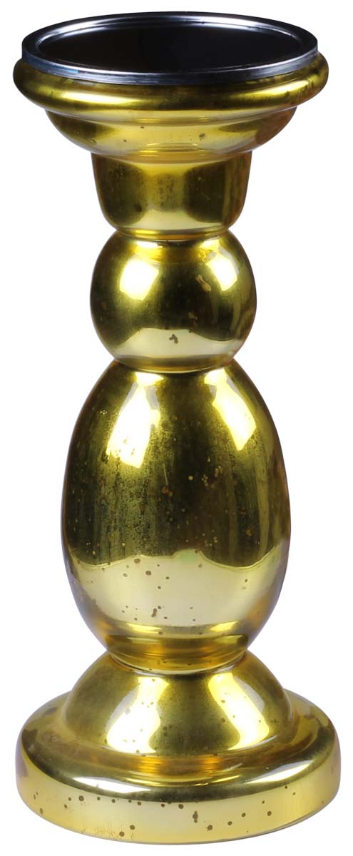 Bulk Wholesale 11.5” Hand Blown Glass Pillar Candle Holder – Golden-Tone Mercury Glass Holder - Home Décor Accessories / Lighting Solutions