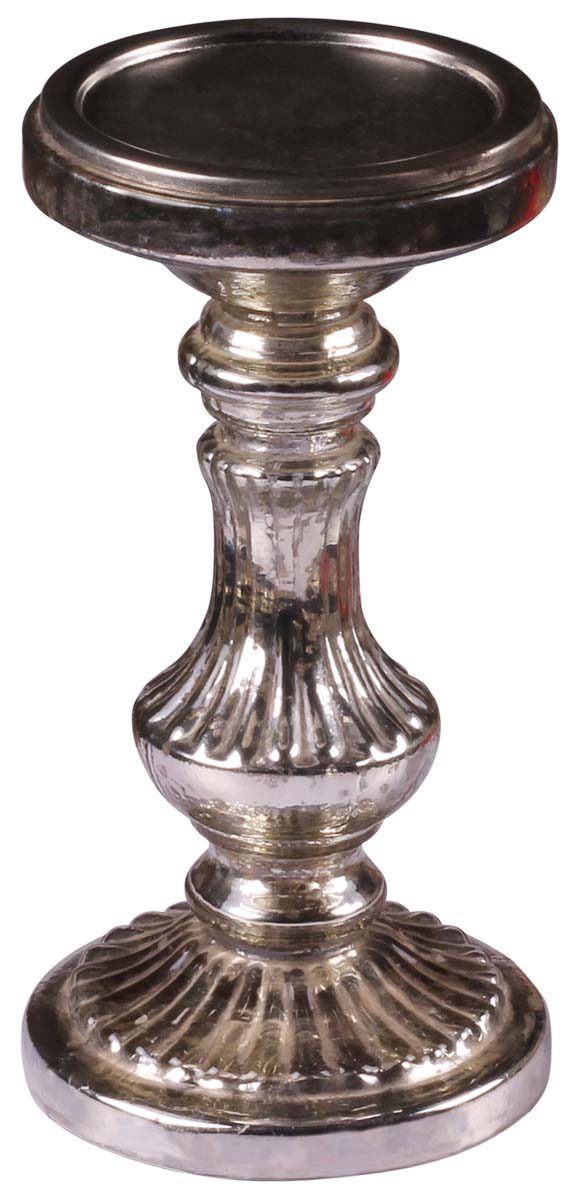 Bulk Wholesale 8” Hand Blown Glass Pillar Candle Holder – Antiqued Silver-Tone Ribbed Stem Glass Holder - Home Décor Accessories / Lighting Solutions