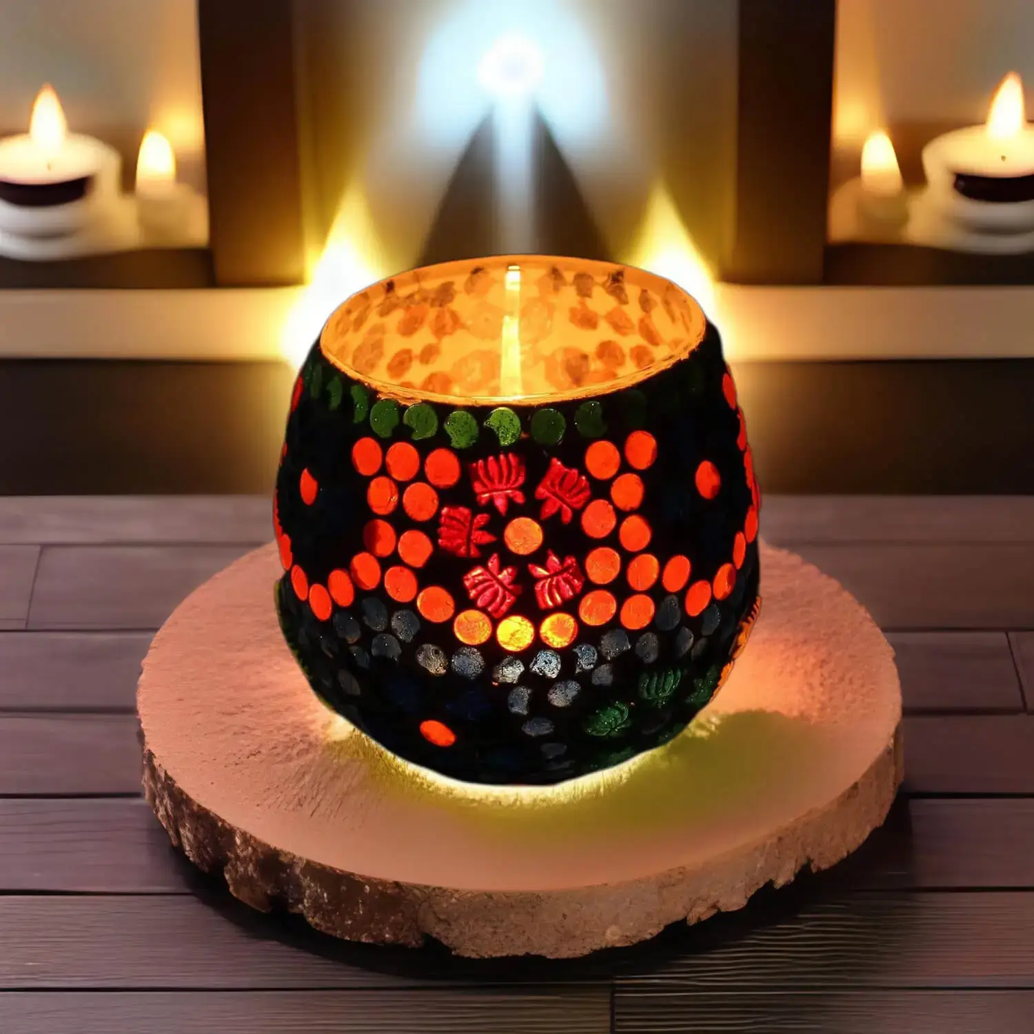 Mosaic Glass TeaLight Votive Candle Holder for Living Room Table Home Decor Indoor Outdoor Decorations