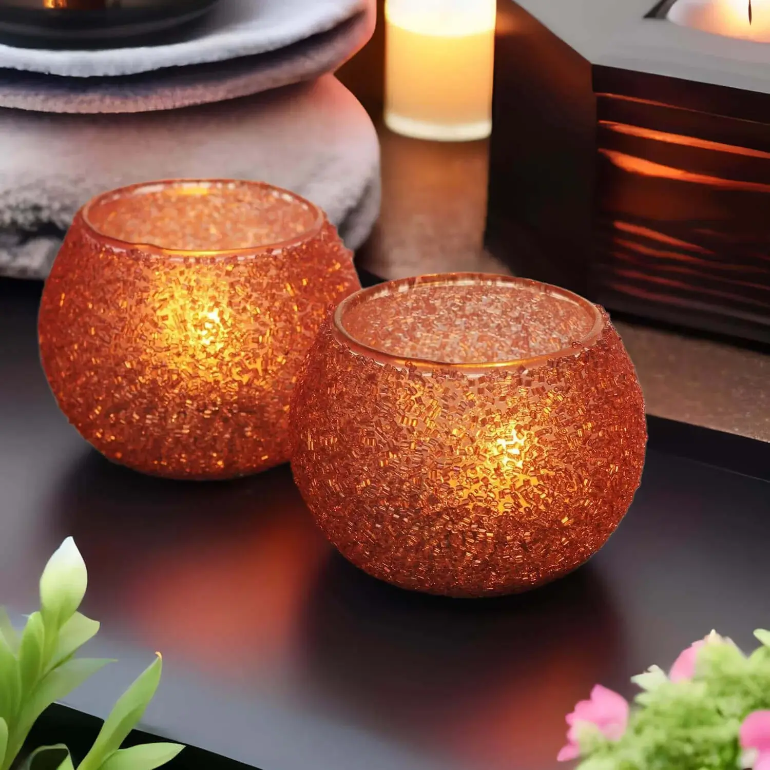 ArtistryBazaar 3.4"WX2.5"H handmade Golden mirror mosaic glass round  bowl night light holders for home party outdoor decoration Set of 2