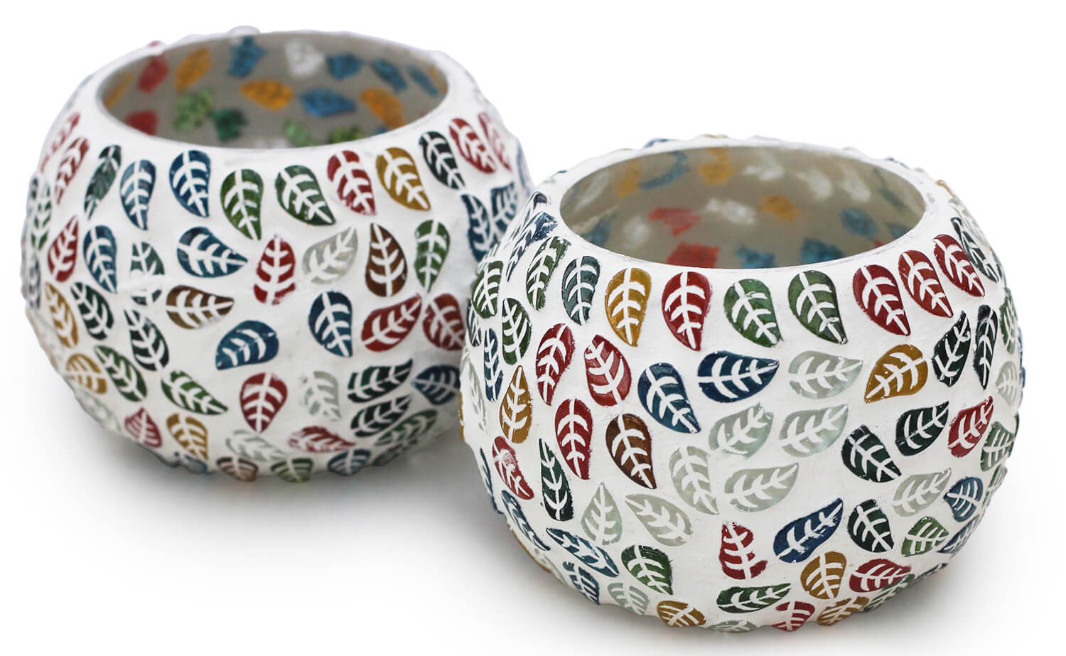 Set of 2 Multicolor Floral Pattern Mosaic Glass TeaLight Candle Holder for Living Room, Indoor Outdoor Decorations