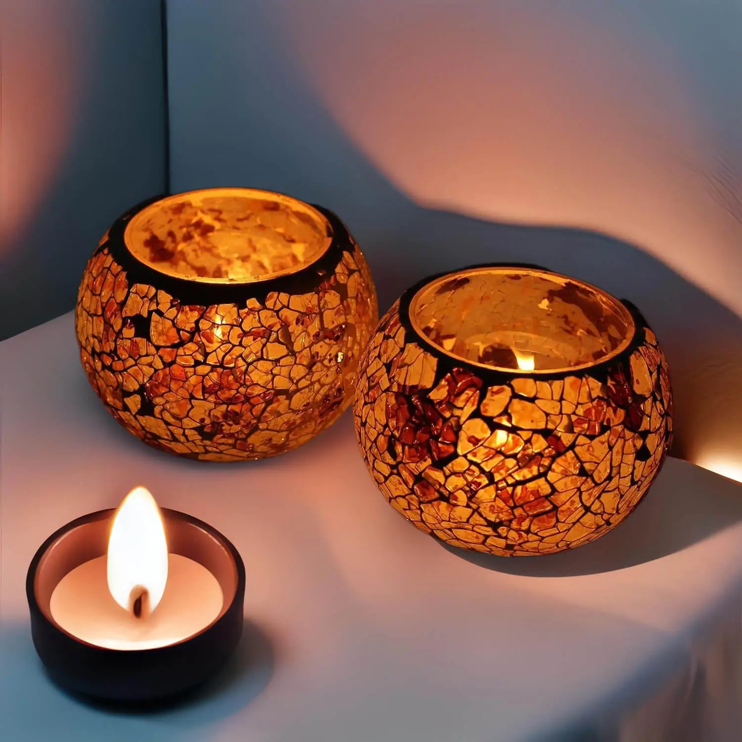 Set of 2 Glass Crackle Roli Poli T-light Candle Holder decoration for Home Living Room, Indoor Outdoor Decorations