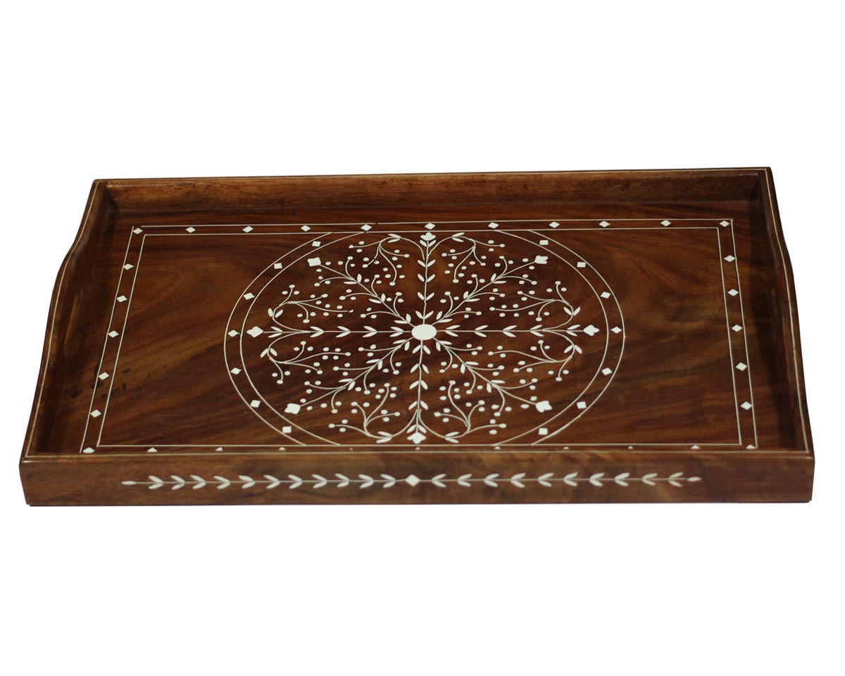 Bulk Wholesale 15” Handmade Wooden Serving Tray with Handles - Decorated with Floral Motifs in Traditional Inlay Art - Kitchen/Dining Accessories - Home Decor