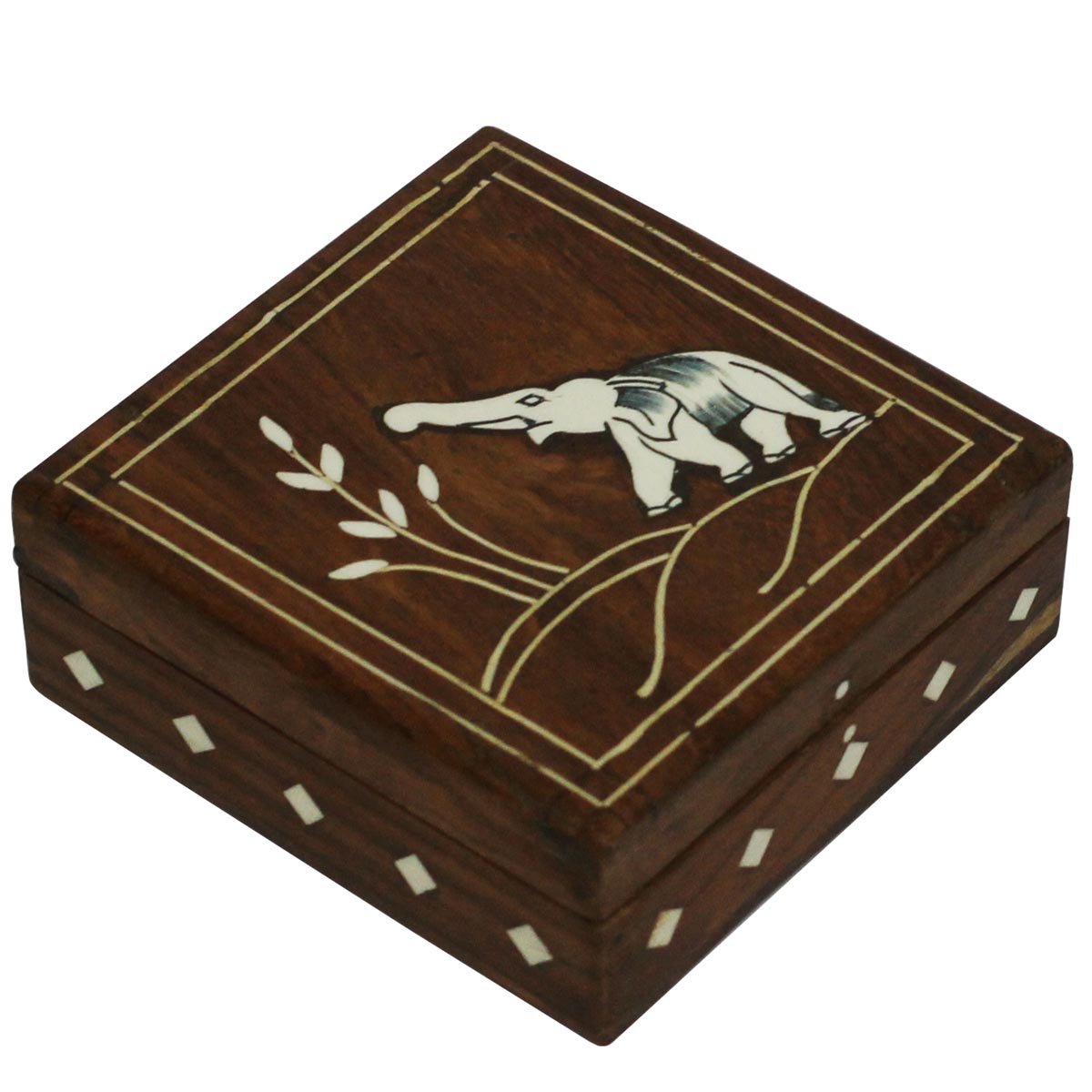 Wholesale 4x4” Square Wooden Jewelry Box - Bulk Buy Jewelry Box/Trinket Box with Elephant Motif in Acrylic Inlay Art - Jewelry Accessories from India