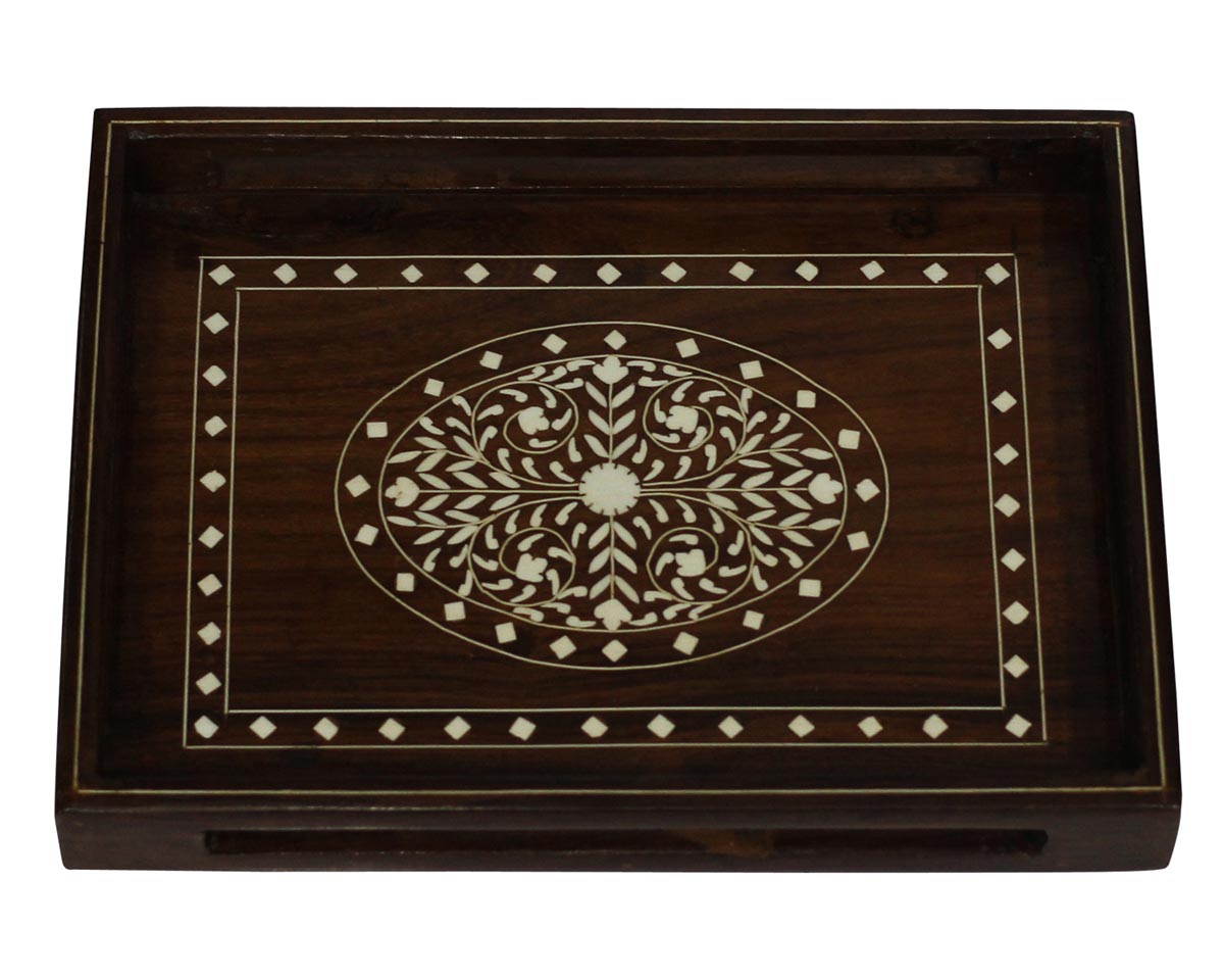 Bulk Wholesale Wooden Serving Tray with 12” Handmade Rectangular Shaped Cut-Outs on the Borders - Decorated with Inlaid Floral Motifs - Kitchen/Dining Accessories - Home Decor