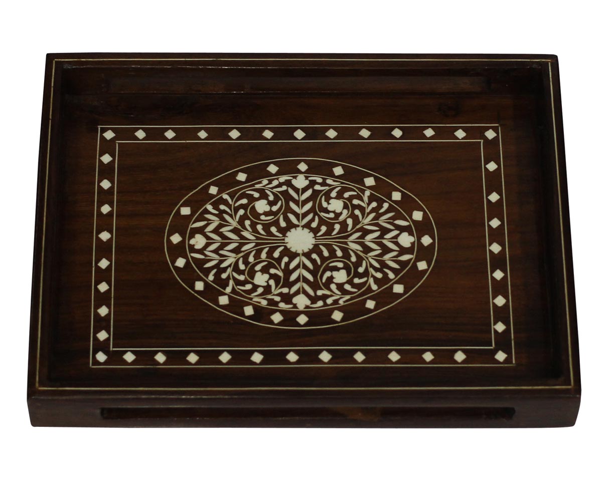 Bulk Wholesale Wooden Serving Tray with 18" Handmade Rectangular Shaped Cut-Outs on the Borders - Decorated with Inlaid Floral Motifs - Kitchen/Dining Accessories - Home Decor