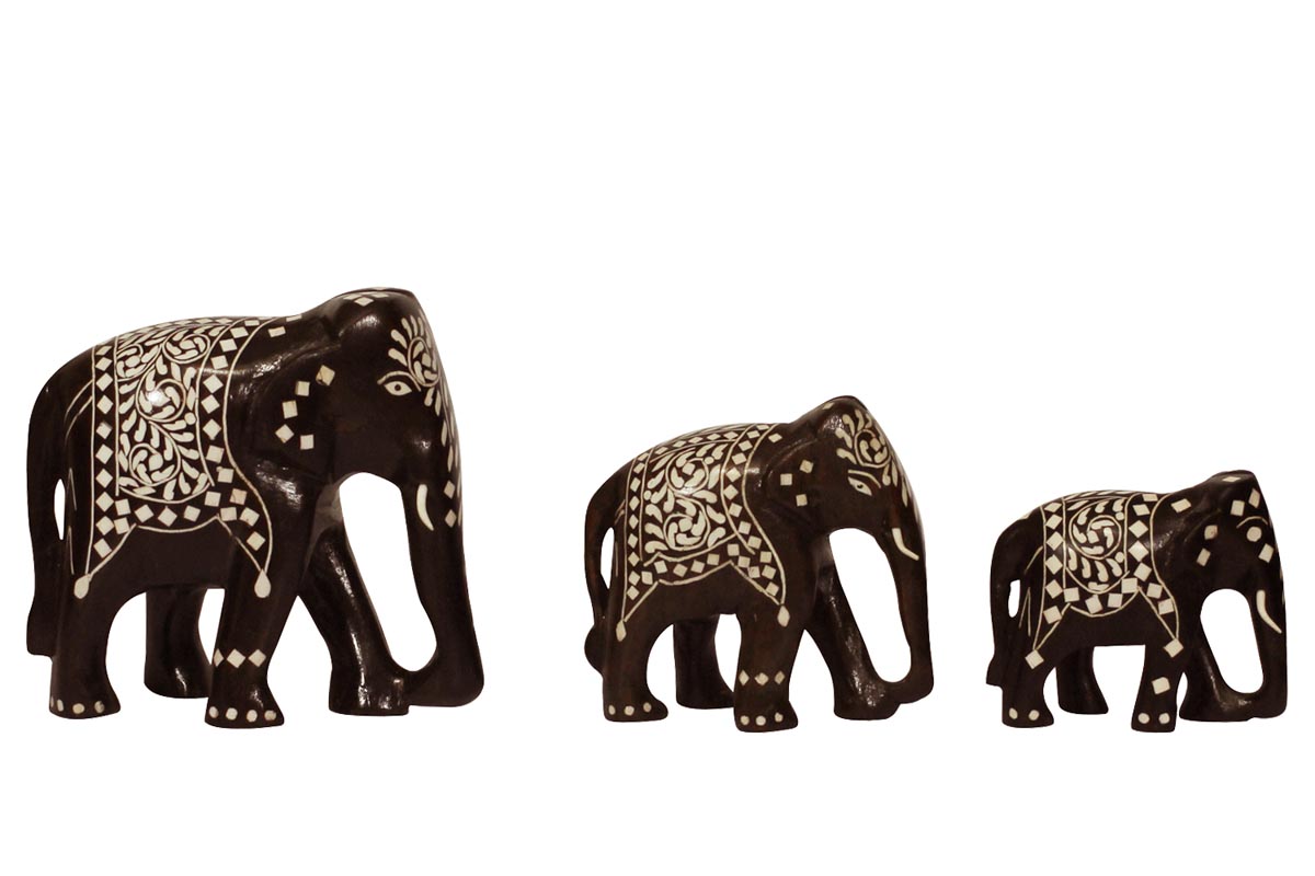 Wholesale Set of 3 Wooden Elephant Family Statue/Figurine/Sculpture with Acrylic Inlay Art - Bulk Buy Handmade Animal Statues & Sculptures from India - Home & Office Decor Gifts