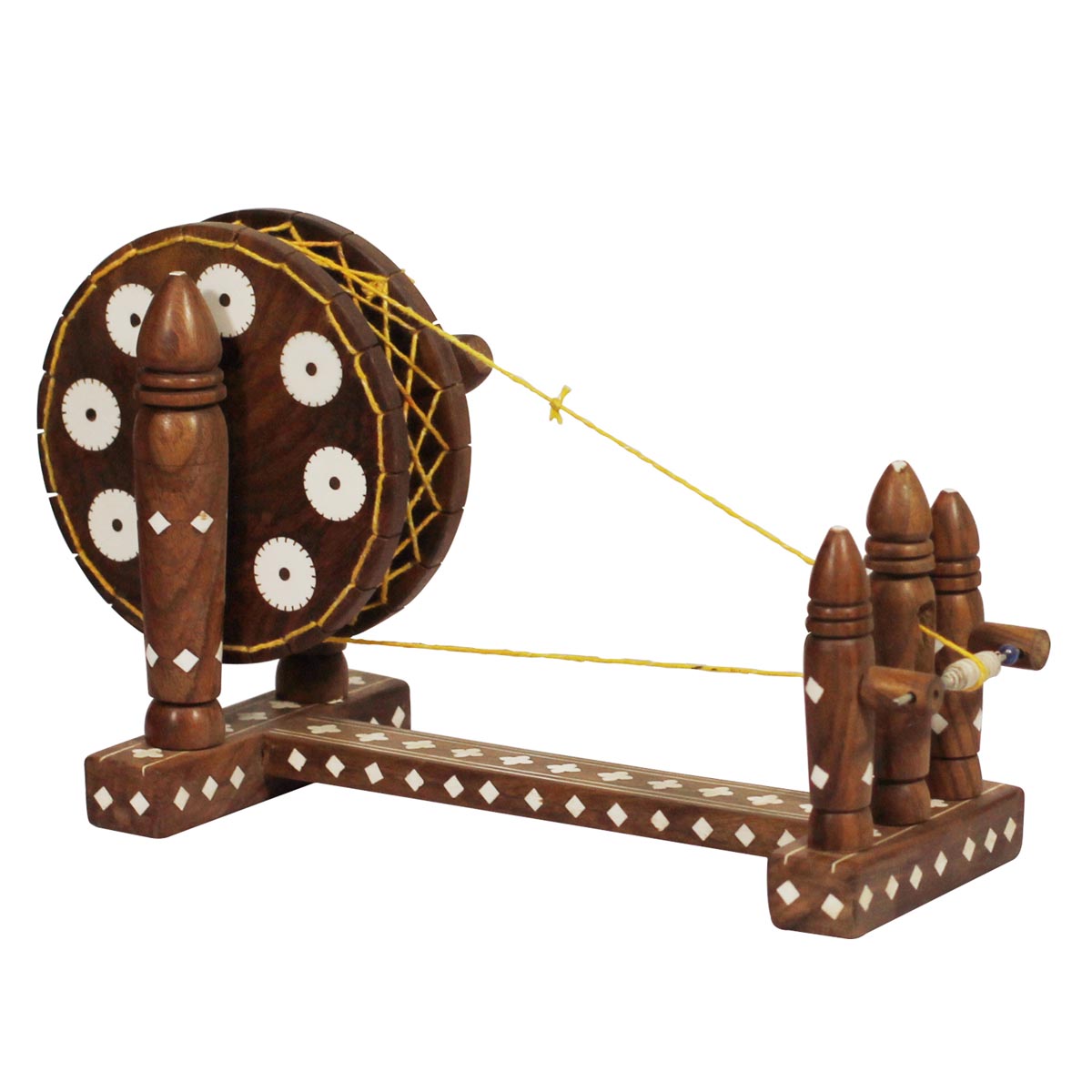 Wholesale Home Decor 10” Indian Spinning Wheel Miniature Model - Bulk Buy Handmade Wooden Charkha Decorated with Acrylic Inlay Art - Home & Office Decor