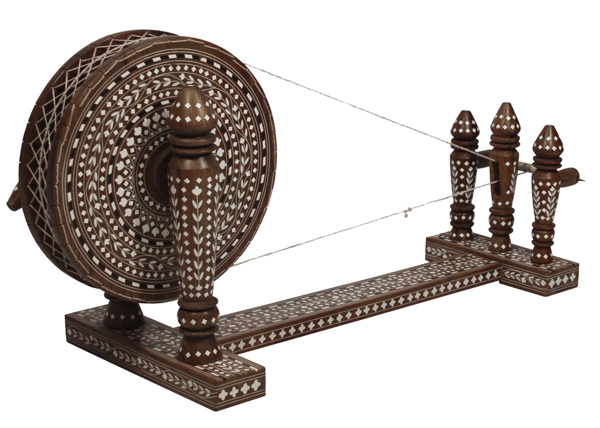 Bulk Wholesale 27” Handmade Wooden Model of Indian Spinning Wheel – The Charkha – Decorated with Inlay Art – Home Décor 
