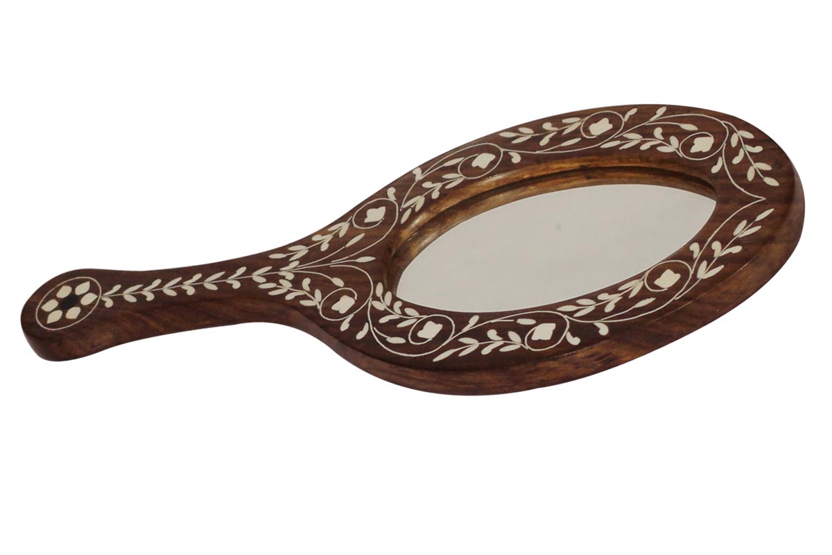 Bulk Wholesale Hand Held Mirror - 13.4” Handmade Decorative Wooden Mirror Decorated with Acrylic Inlay Art - Ethnic & Thoughtful Gifts for Women from India
