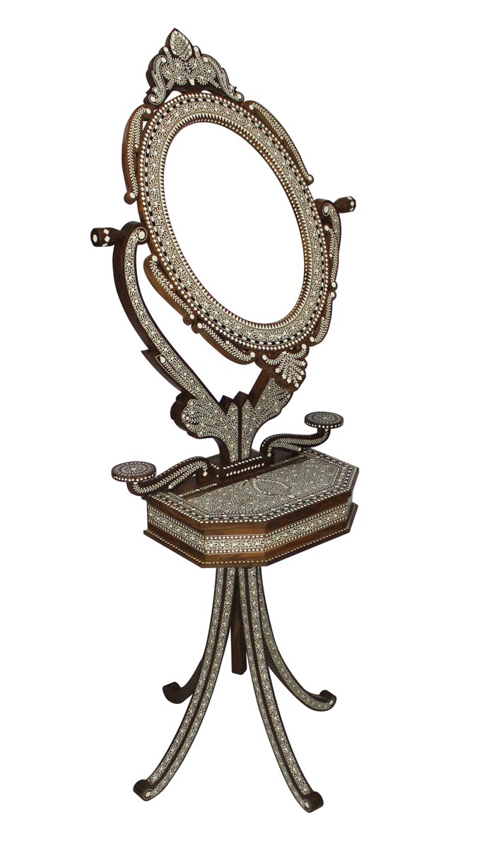 Bulk Wholesale 61” Handmade Wooden Standing Mirror with a Storage Box – Supported on a Quad Stand – Decorated with Floral Motifs in Inlay Art – Royal & Rich Home Décor