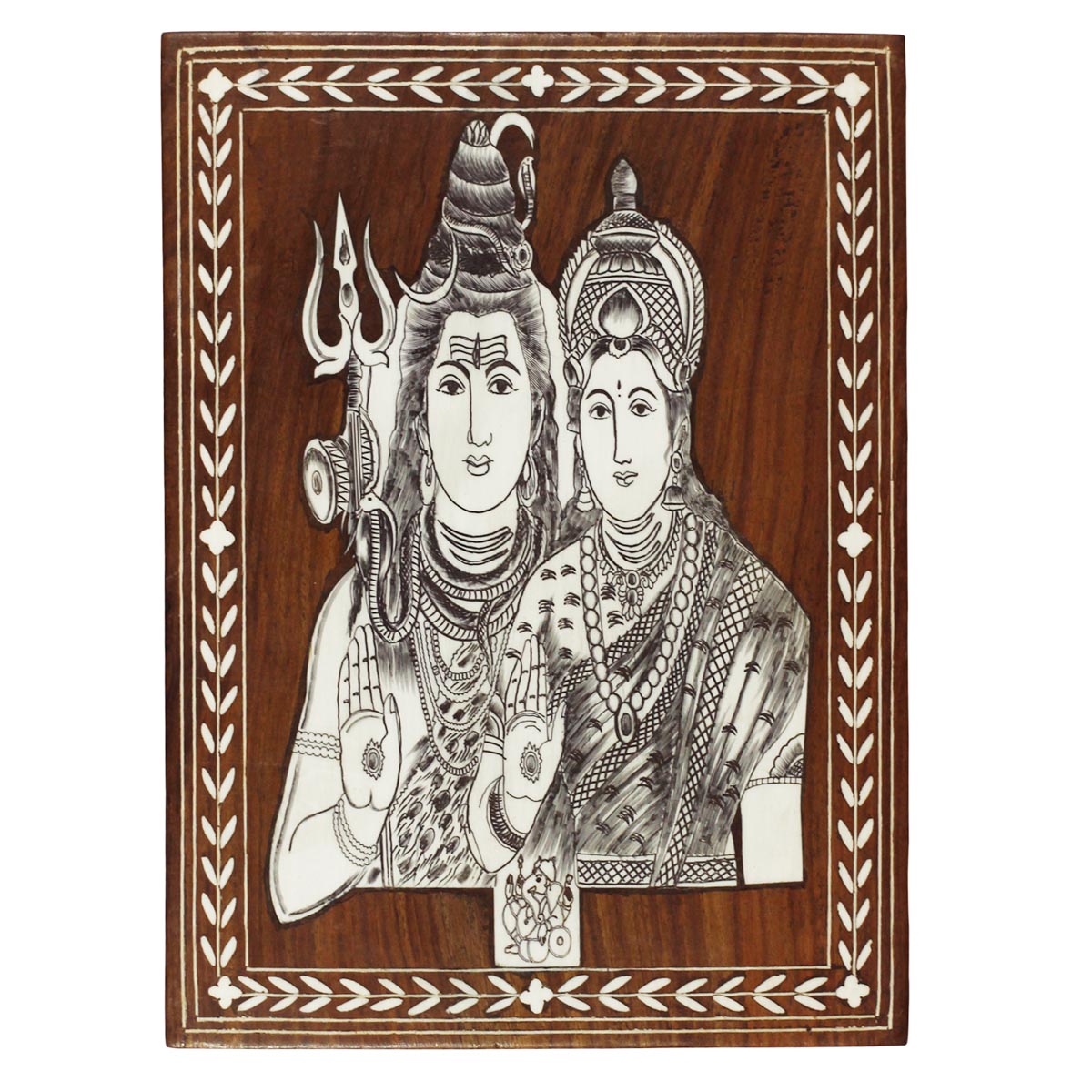 Bulk Wholesale Handmade Wall Hanging Portrait of Shiva & Parvati in Wood – Designed in Inlay Art – Religious Gifts from India