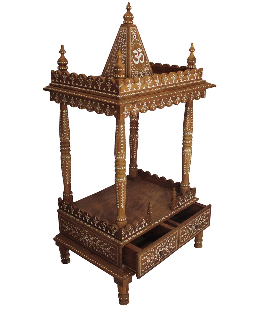 Bulk Wholesale 53” Handmade Wooden Pooja Mandir with Two Drawers – Decorated with Om Motif & Floral Patterns in Inlay Art