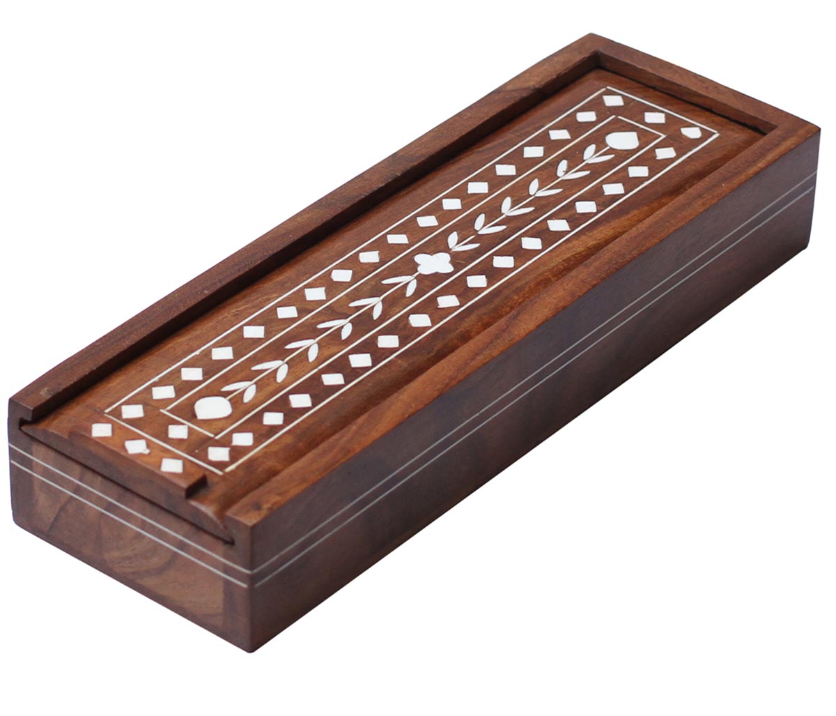 Bulk Wholesale 10” Handmade Rectangular Shaped Wooden Pencil Box with a Sliding Lid – Decorated with Inlaid Diamond Shaped & Floral Patterns – Desk / Office / Stationery Accessories in Inlay Art