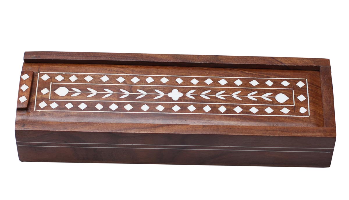 Bulk Wholesale 10” Handmade Rectangular Shaped Wooden Pencil Box with a Sliding Lid – Decorated with Inlaid Diamond Shaped & Floral Patterns – Desk / Office / Stationery Accessories in Inlay Art