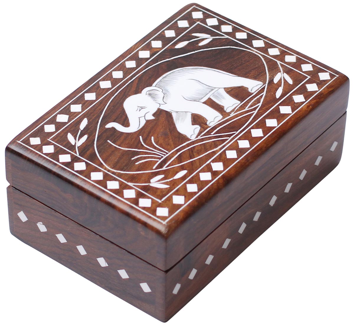 Wholesale 6x5” Wooden Jewelry Box - Bulk Buy Rectangular Shaped Jewelry Box/Trinket Box with Elephant Motif in Acrylic Inlay Art - Jewelry Accessories from India