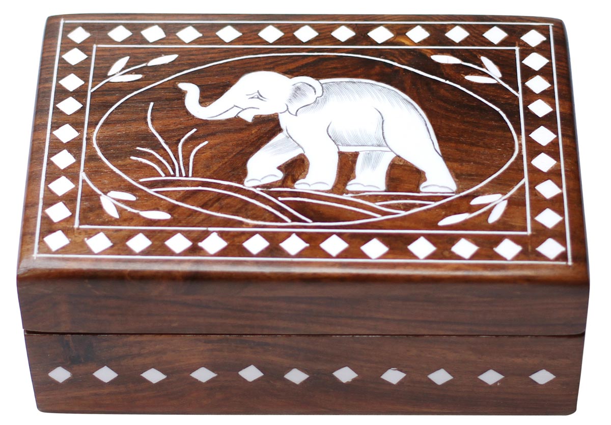 Wholesale 6x5” Wooden Jewelry Box - Bulk Buy Rectangular Shaped Jewelry Box/Trinket Box with Elephant Motif in Acrylic Inlay Art - Jewelry Accessories from India