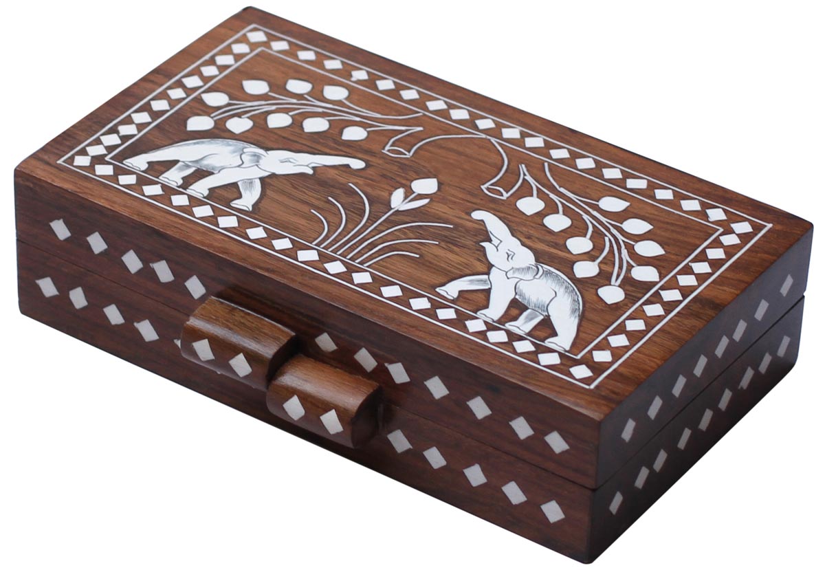 Wholesale 7x4” Wooden Jewelry Box - Bulk Buy Rectangular Shaped Jewelry Box/Trinket Box with Two Elephants Motifs in Acrylic Inlay Art - Jewelry Accessories from India