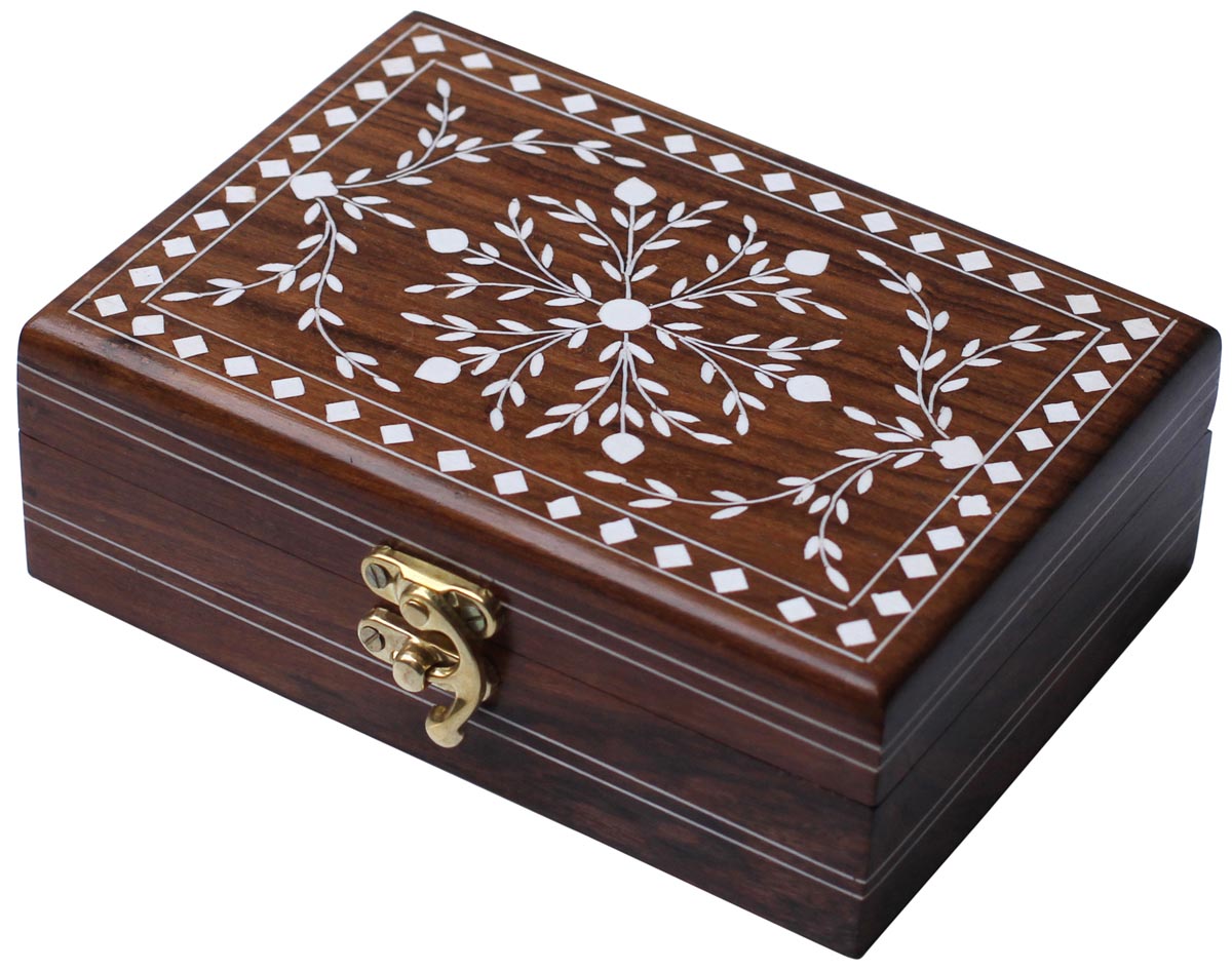 Bulk Buy 7x5” Wooden Jewelry Box with a Hinged Top Cover & a Brass Latch - Wholesale Rectangular Shaped Jewelry Box/Trinket Box with Floral Motifs in Acrylic Inlay Art - Jewelry Accessories from India