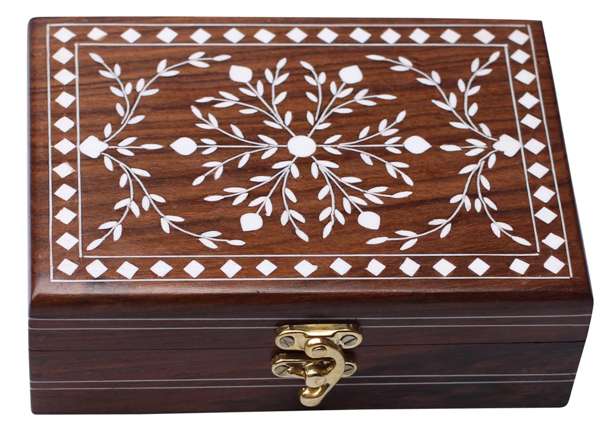 Bulk Buy 7x5” Wooden Jewelry Box with a Hinged Top Cover & a Brass Latch - Wholesale Rectangular Shaped Jewelry Box/Trinket Box with Floral Motifs in Acrylic Inlay Art - Jewelry Accessories from India
