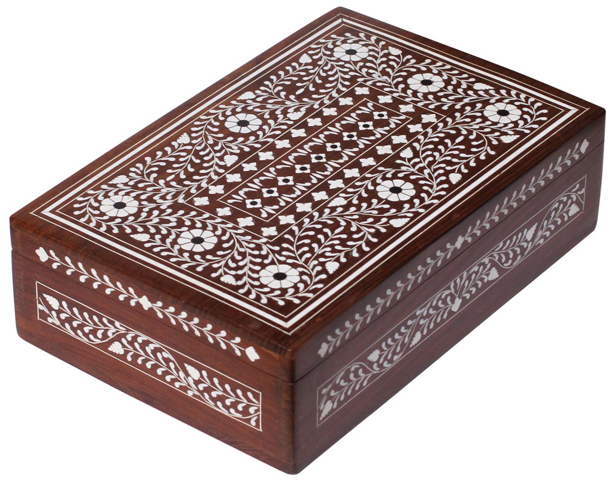 Bulk Buy Handmade Brown 12x8” Wooden Jewelry Box - Wholesale Rectangular Shaped Jewelry Box/Trinket Box with Floral Motifs in Acrylic Inlay Art - Jewelry Accessories from India