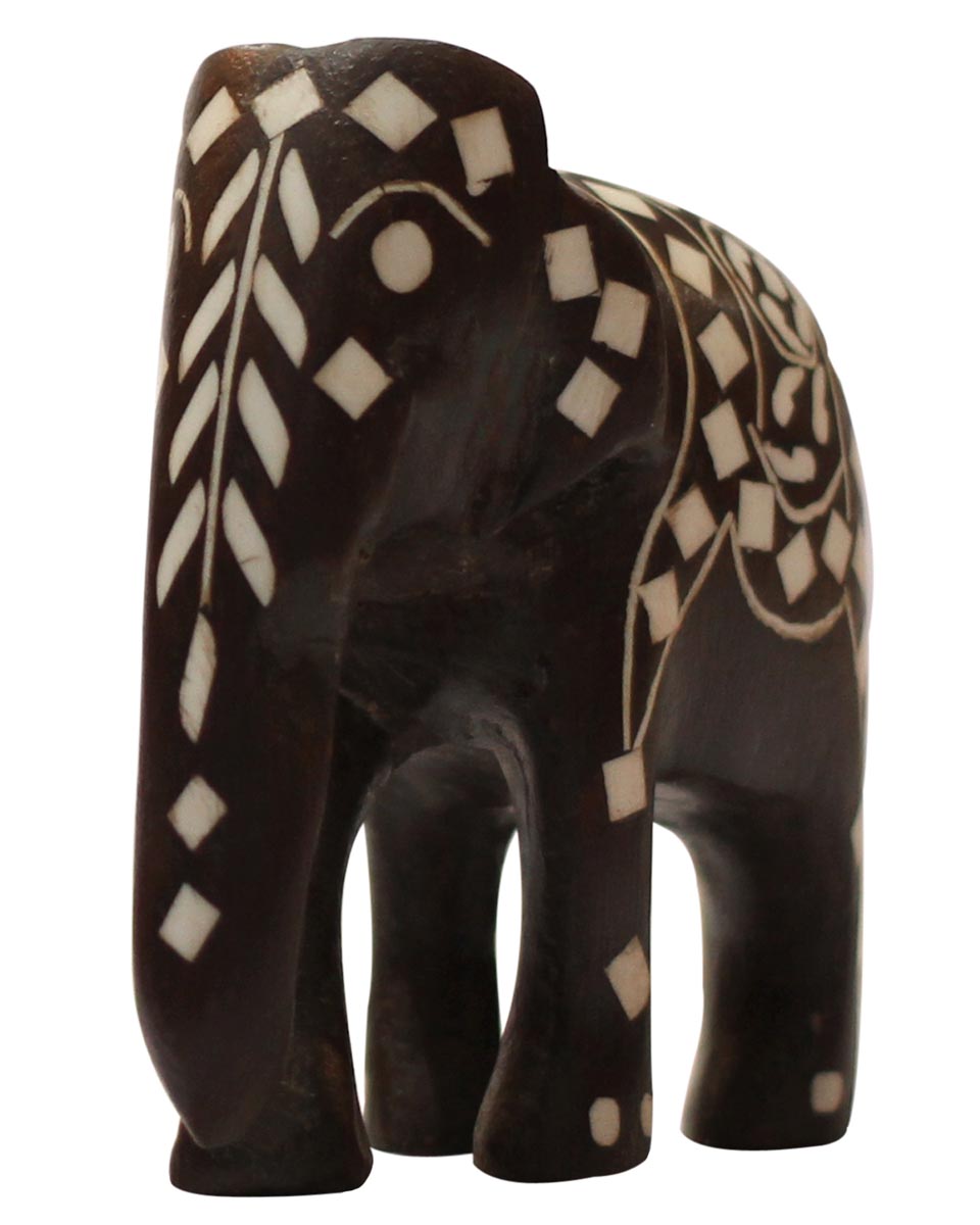 Wholesale Elephant Figurine - Buy in Bulk 3” Hand Carved Wooden Figurine/Elephant Statue Decorated with Inlay Art - Unique Animal Decor Sculpture - Royal Tusker