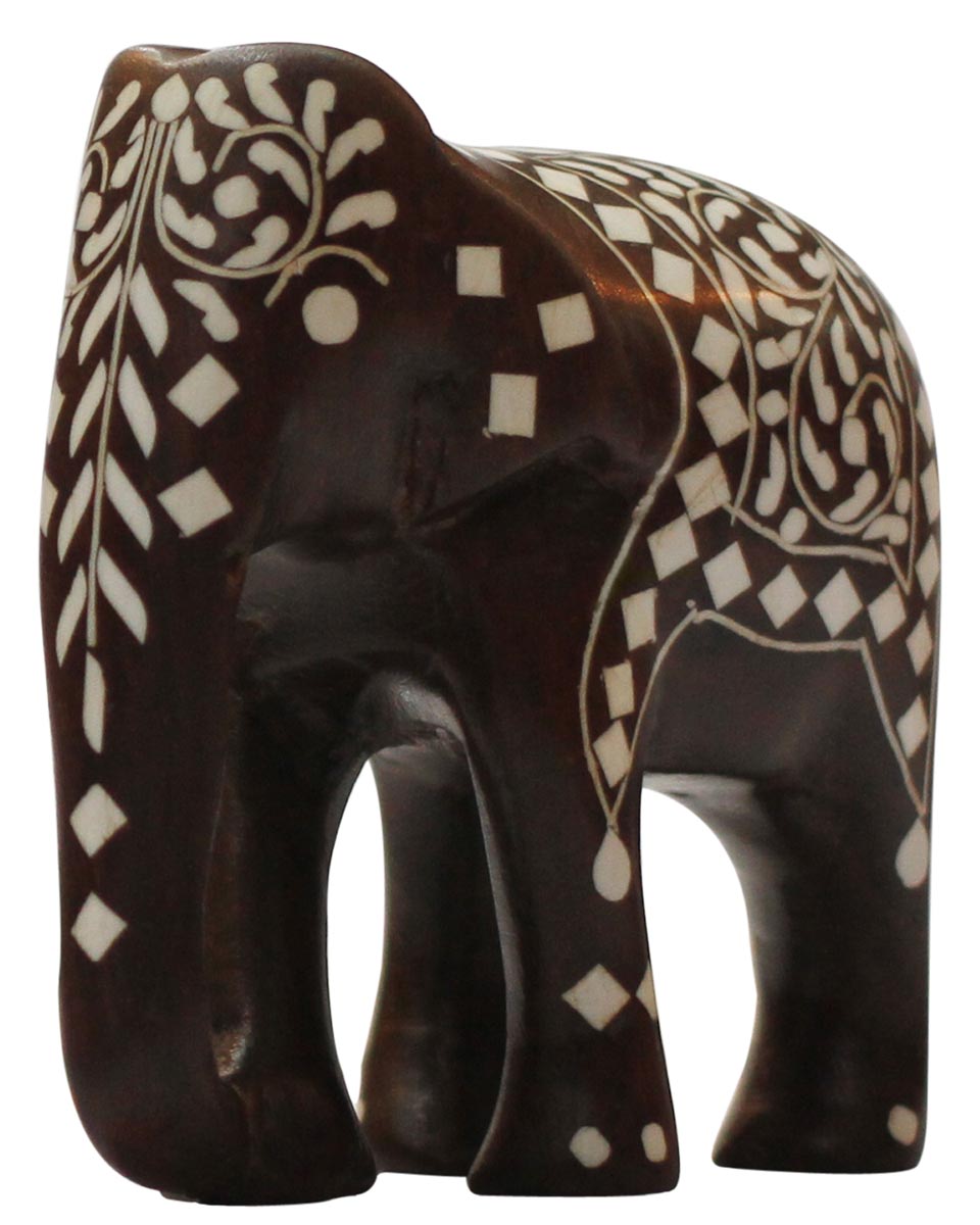Bulk Wholesale 3.7” Handmade Wooden Elephant Sculpture / Statue in Dark Brown – Decorated with Inlay Art – Home / Office Décor