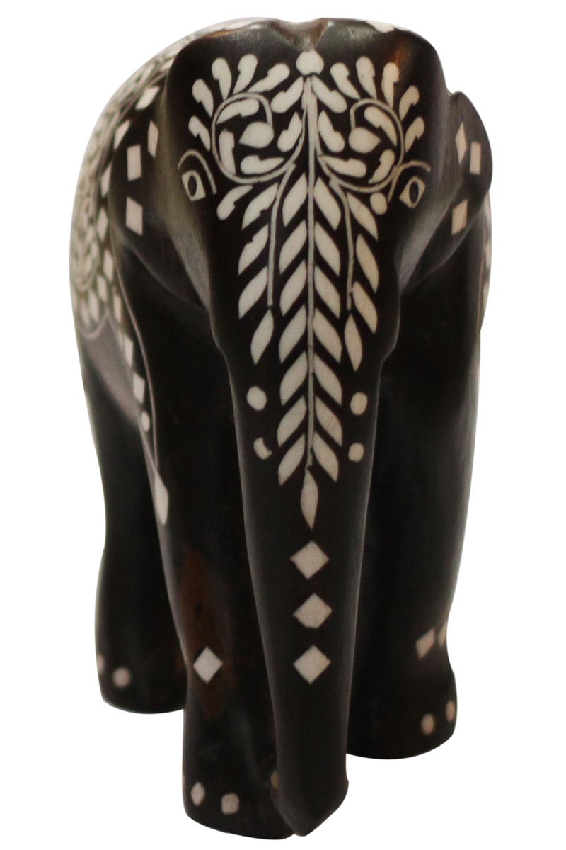 Bulk Wholesale 5” Handmade Wooden Elephant Sculpture / Statue in Dark Brown – Decorated with Inlay Art – Home / Office Décor