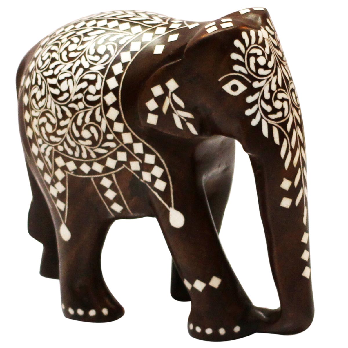 Bulk Wholesale 6” Handmade Wooden Elephant Sculpture / Statue in Dark Brown – Decorated with Inlay Art – Home / Office Décor