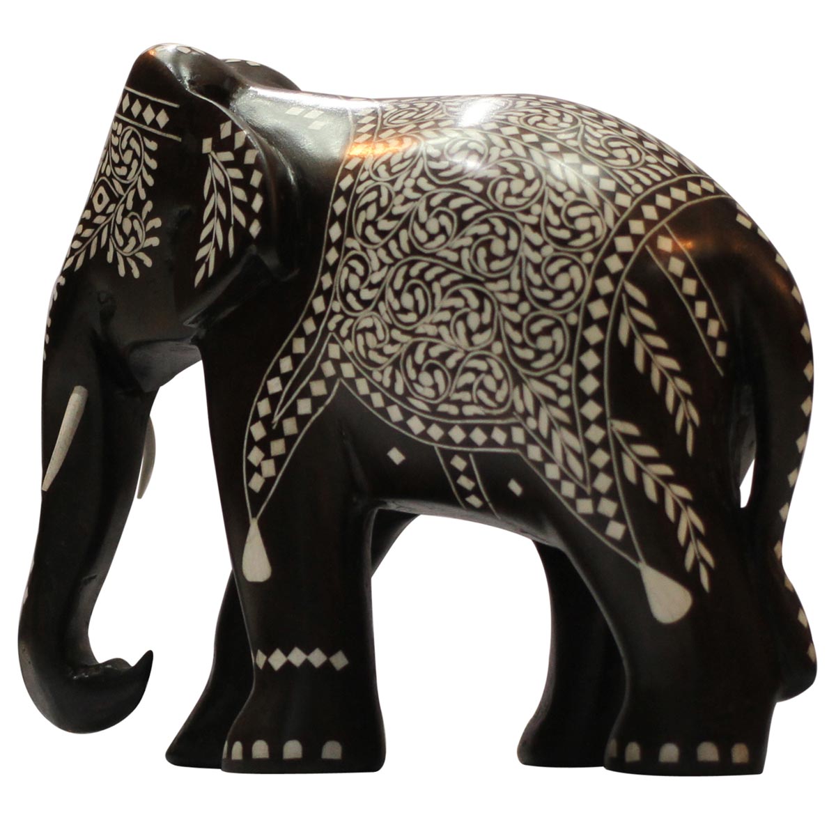Wholesale 8” Dark Brown Elephant Figurine - Buy in Bulk 8” Hand Carved Wooden Figurine/Elephant Statue Decorated with Inlay Art - Unique Animal Decor Sculpture