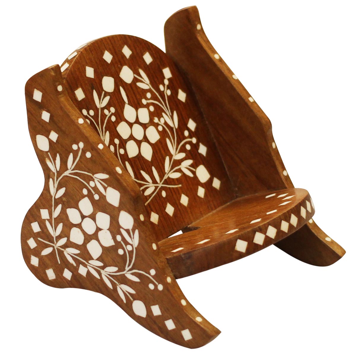 Bulk Wholesale Handmade Wooden Mobile Holder in Chair Design – Decorated with Floral Motifs in Inlay Art – Office / Desk Accessories
