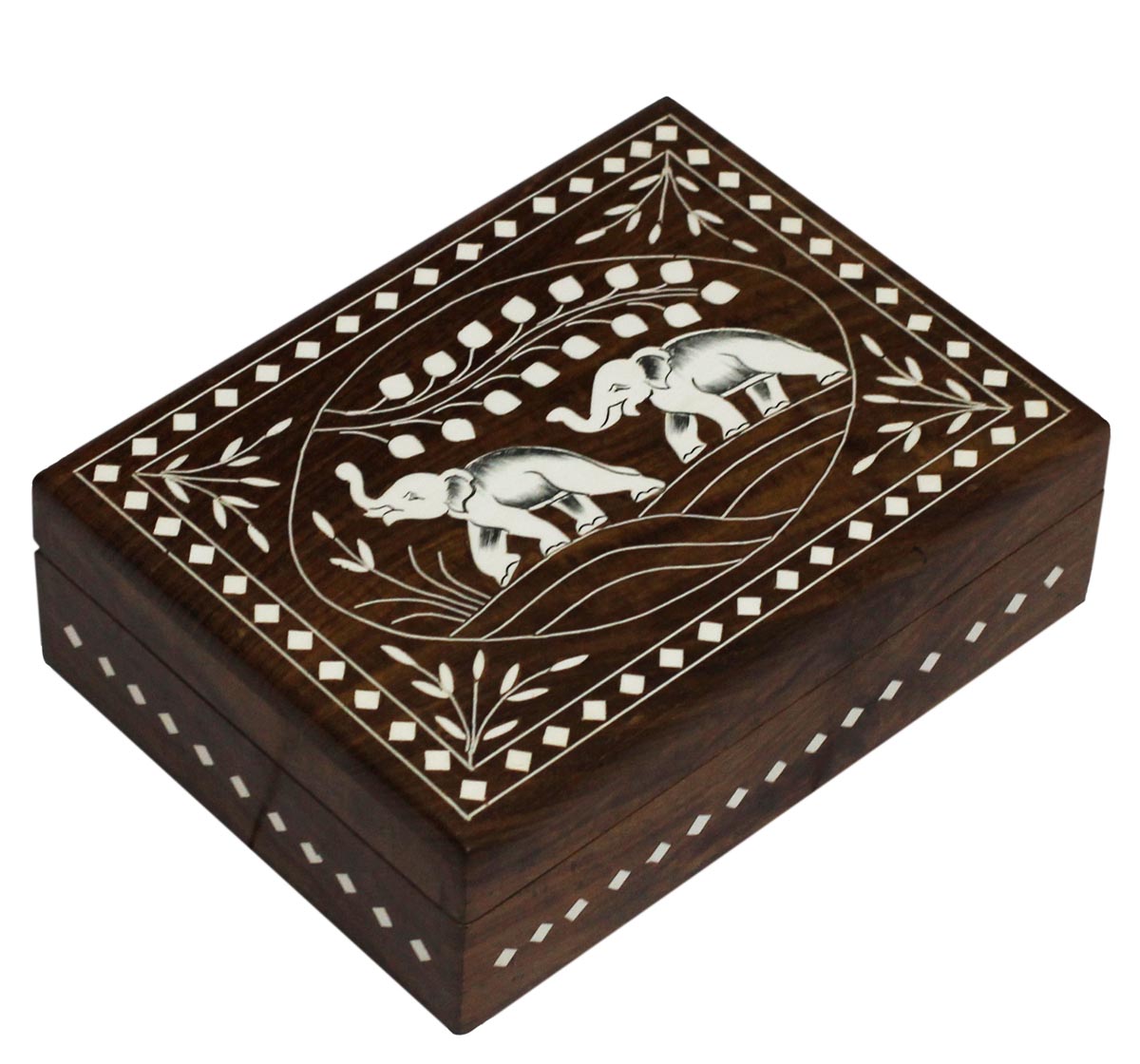 Wholesale Wooden Jewelry Box - Bulk Buy 8x6” Rectangular Shaped Jewelry Box/Trinket Box in Dark Brown Color with a Hinged Top Cover - Designed with Inlaid Elephant Motifs from India
