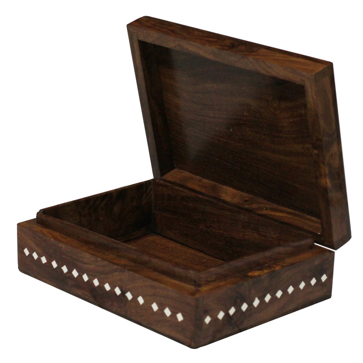 Wholesale Wooden Jewelry Box - Bulk Buy 8x6” Rectangular Shaped Jewelry Box/Trinket Box in Dark Brown Color with a Hinged Top Cover - Designed with Inlaid Elephant Motifs from India