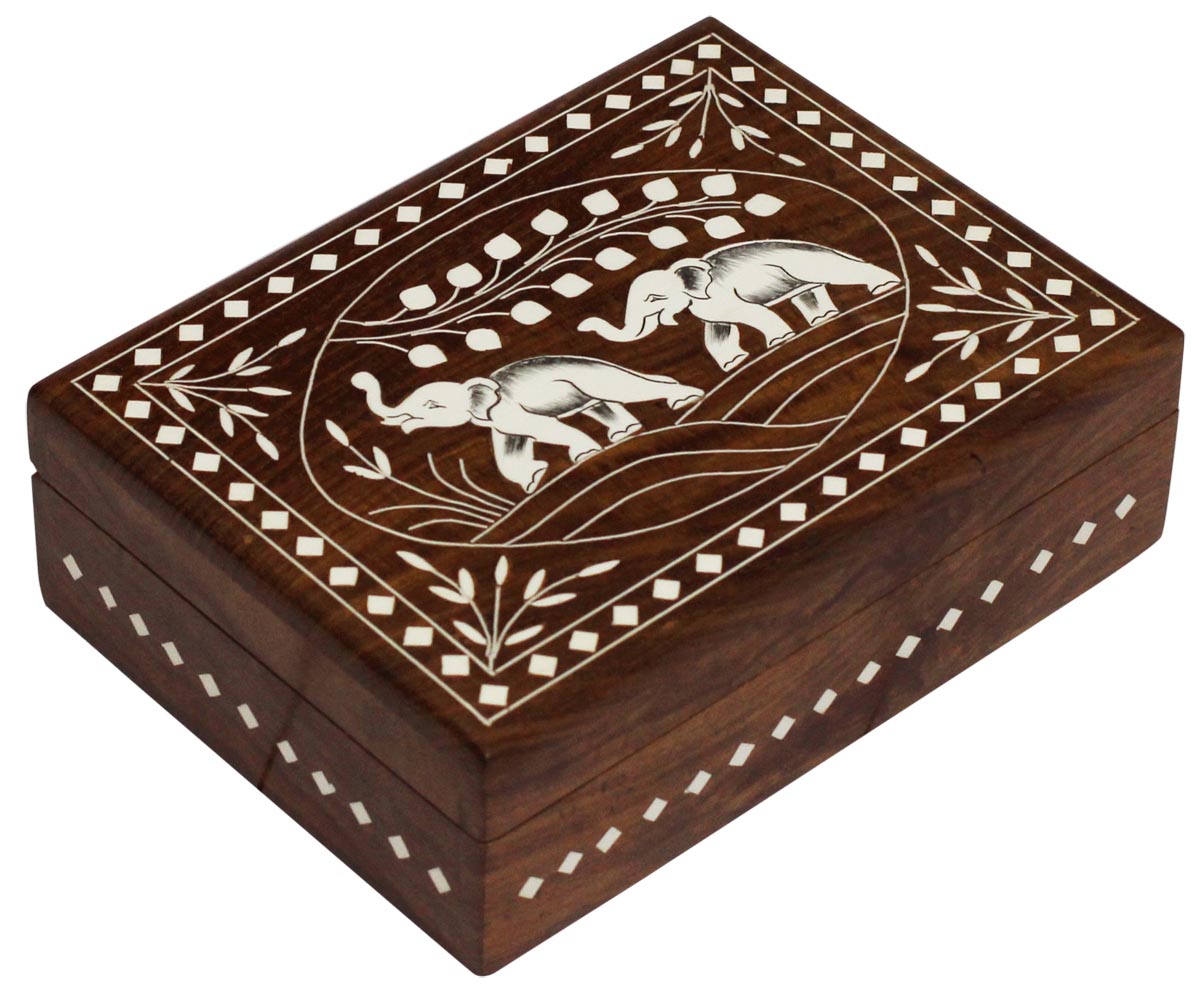 Wholesale 8x6” Wooden Jewelry Box - Bulk Buy Rectangular Shaped Jewelry Box/Trinket Box in Dark Brown Color with a Hinged Top Cover - Designed with Inlaid Elephant Motifs from India