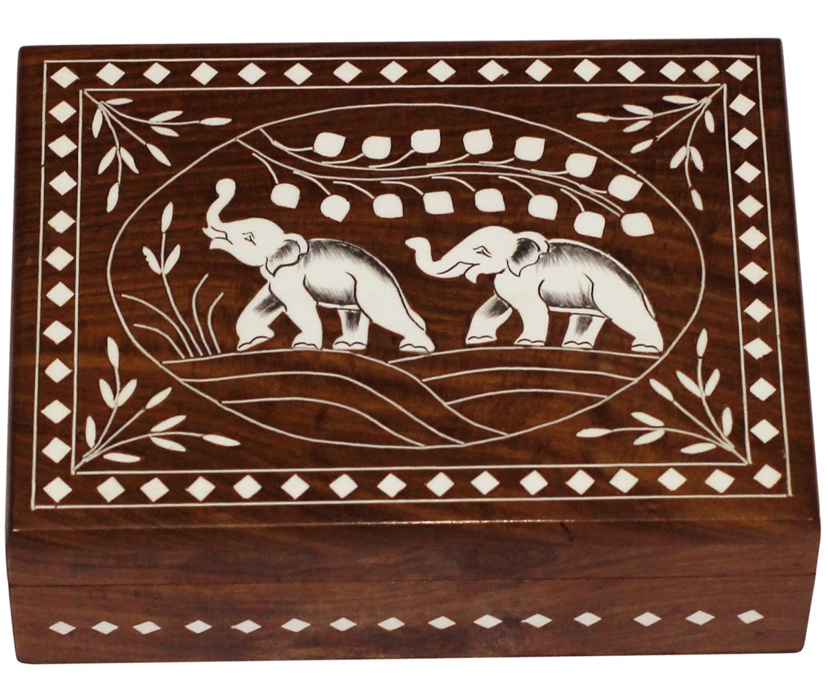 Wholesale 8x6” Wooden Jewelry Box - Bulk Buy Rectangular Shaped Jewelry Box/Trinket Box in Dark Brown Color with a Hinged Top Cover - Designed with Inlaid Elephant Motifs from India