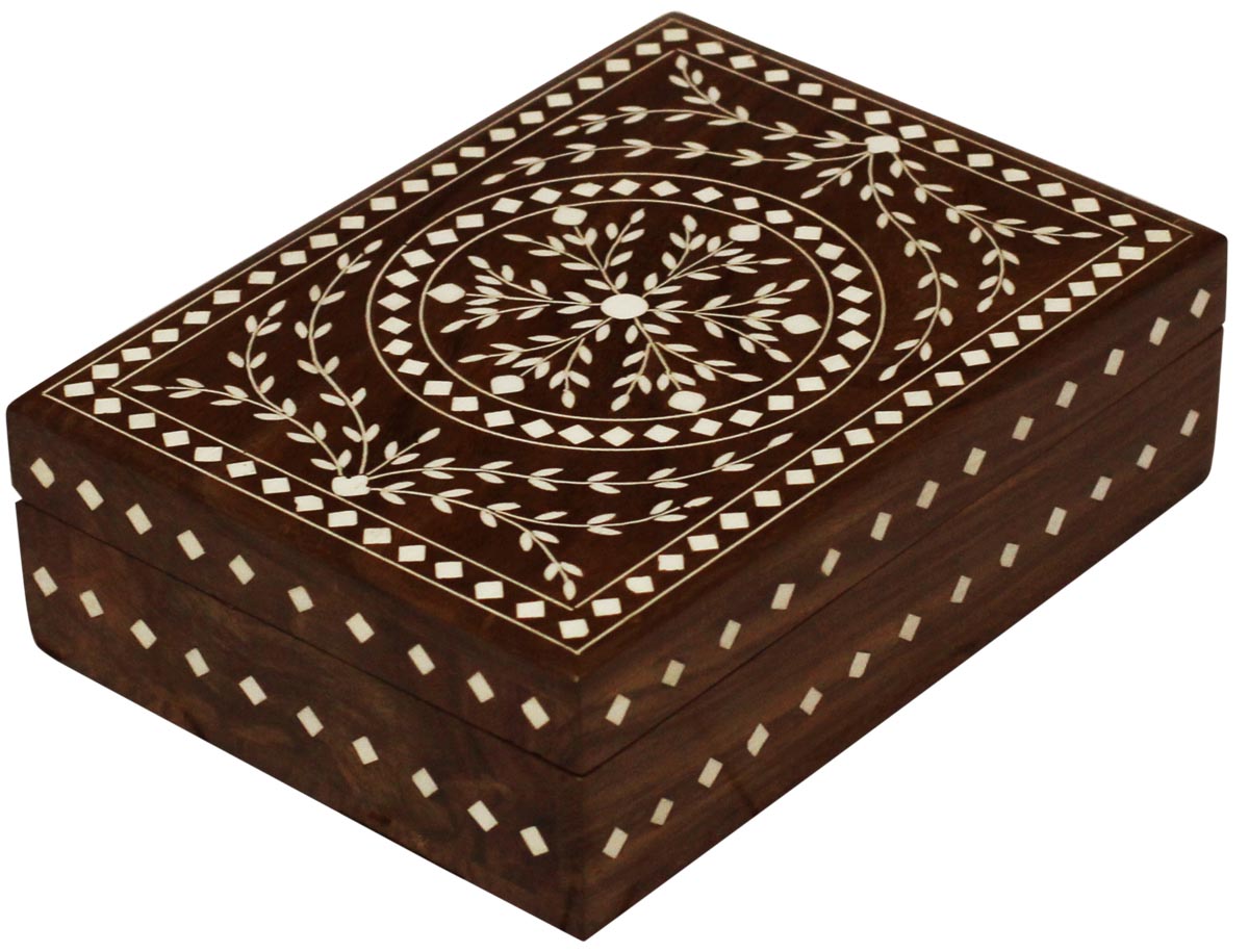 Wholesale 7x5” Wooden Jewelry Box - Bulk Buy Rectangular Shaped Jewelry Box/Trinket Box with Intricate Floral Patterns in Acrylic Inlay Art - Jewelry Accessories from India