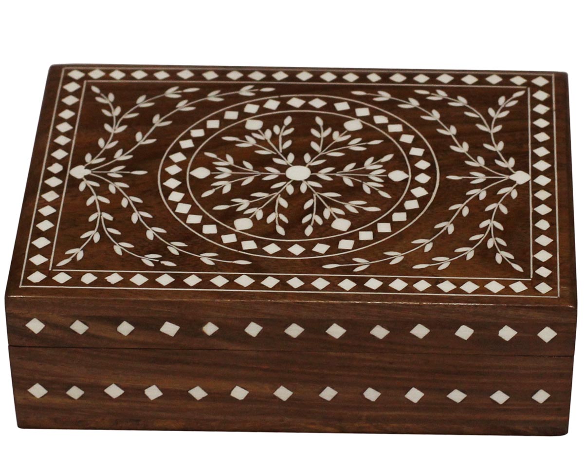 Wholesale 7x5” Wooden Jewelry Box - Bulk Buy Rectangular Shaped Jewelry Box/Trinket Box with Intricate Floral Patterns in Acrylic Inlay Art - Jewelry Accessories from India