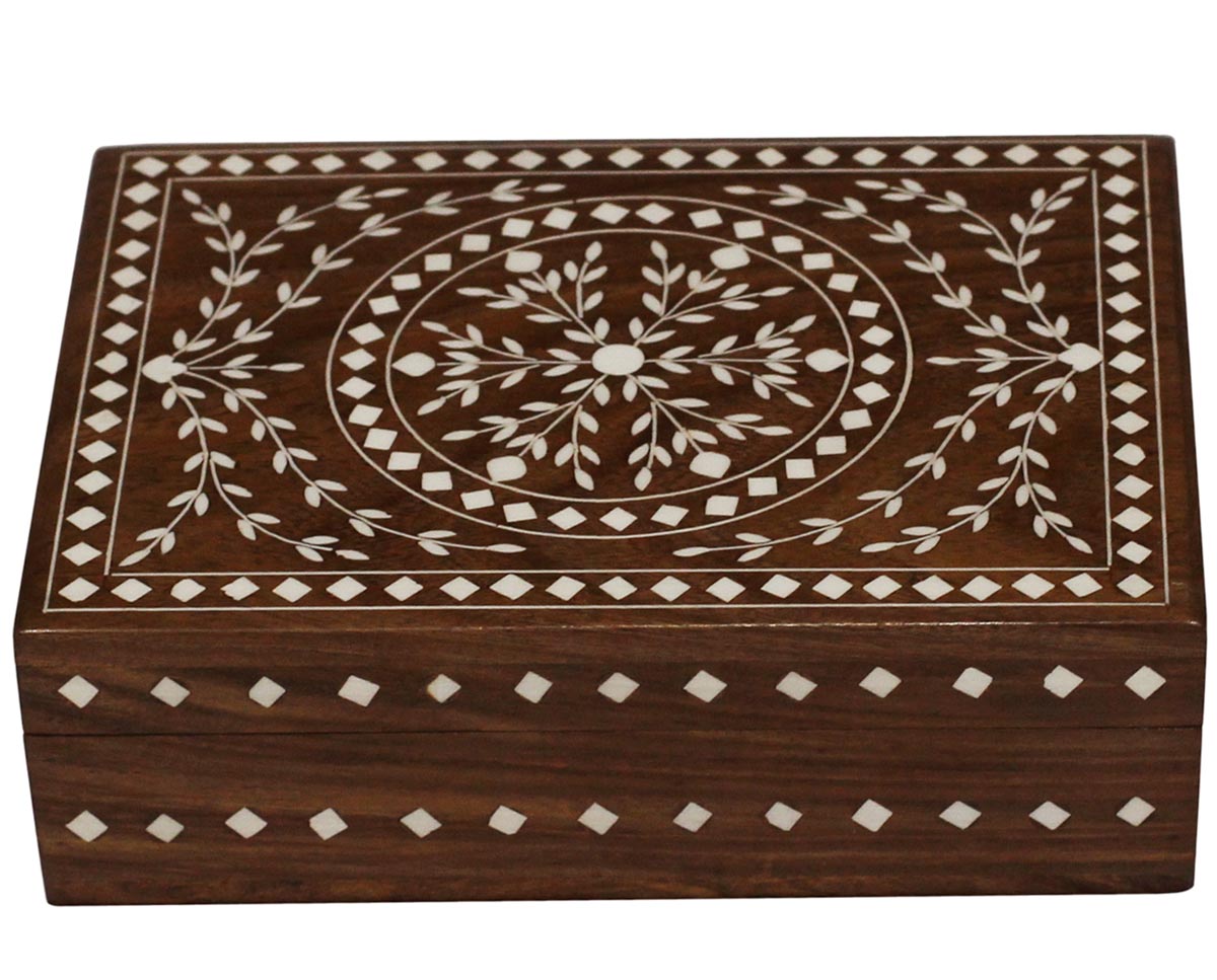 Wholesale 8 x 6” Wooden Jewelry Box - Rectangular Shaped Dark Brown Decorative Trinket Box - Acrylic Inlay Art Of Floral Mandala & Vine Detailing On Lid - Bulk Buy Dresser Accessories from India