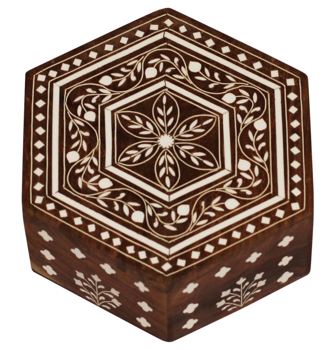 Wholesale 6" Wooden Jewelry Box - Bulk Buy Hexagon Shaped Jewelry Box/Trinket Box with Intricate Floral Patterns in Acrylic Inlay Art - Jewelry Accessories from India